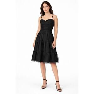 BCBGMAXAZRIA Black Ruched Tiered Silk Dress Spaghetti Straps Size 6 Coquette Y2K